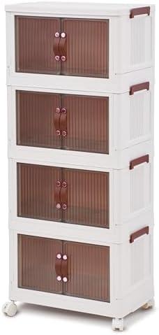 G-Rack Stackable Storage Organiser - Space-Efficient Plastic Storage Bin with Doors - Practical, Removable, Foldable Cabinet - Movable, Stackable Storage Bins - Transparent/White - Set of 4