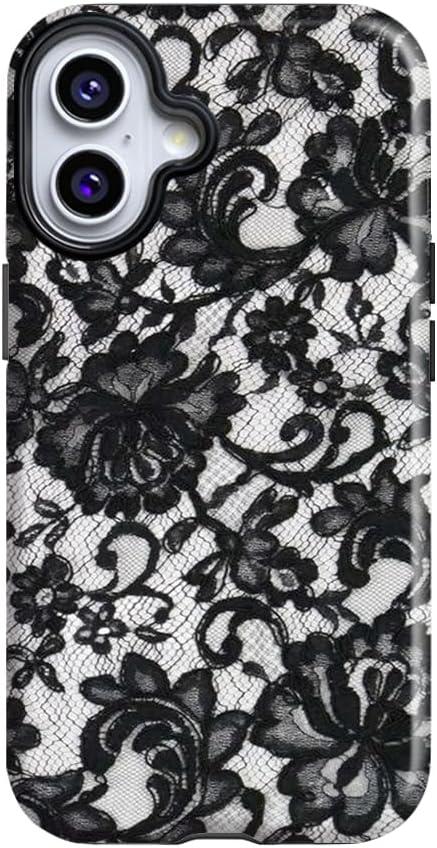 Magnetic Phone Case Compatible with iPhone 17, Black Lace Print Compatible with MagSafe Gothic Floral Film Print Hard PC Shell Soft TPU Liner Shockproof Cover for Women