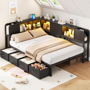 Twin Bed Frames with 5 Storage Drawers and Bookcase Headboard, Twin Size Metal Platform Corner Bed Frames for Kids Teens Daybed with Charging Station and LED Lights for Living Room, Bedroom, Black
