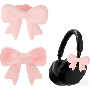 2 x 2 Pack Pink Bow Headphone Decorations, Adjustable Silicone Earphone Charms for Girls, Kawaii Headphone Accessories, Compatible with Most Headphones & Earphones