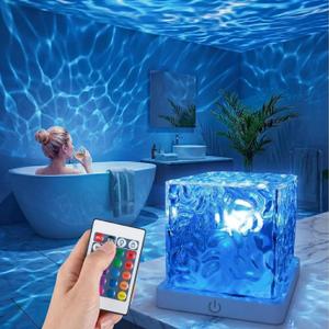 Rechargeable Ocean Wave Projector Light, 16 Color Changeable & Dimmable Shower Lamp with Remote, Cube Mood Ambient Lighting, Ocean Room Decor, Cordless Night Light for Bathroom, Room Decor