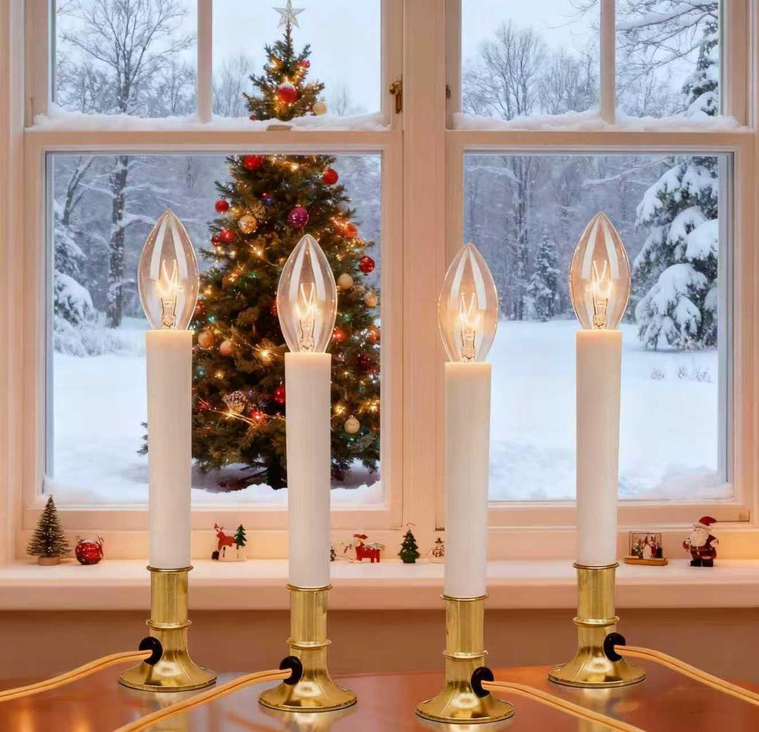 4 Pack-Electric Christmas Window Candle Lamp with Golden Plated Base, Flameless Taper Candles with C26 Clear Lights BulbPlug in Candles for Christmas Window, Weddings, Home Decor and Lighting