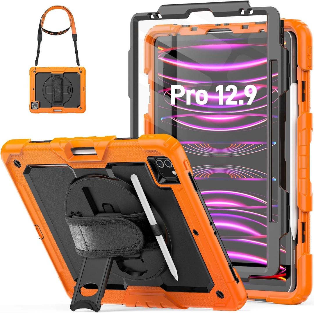 HXCASEAC Case for iPad Pro 12.9 Case (6th 5th 4th 3rd Generation), Shockproof Design | Pencil Holder | Hand Strap | Screen Protector | Heavy Duty Protective iPad 12.9 inch 2022/2021/2020/2018, Orange