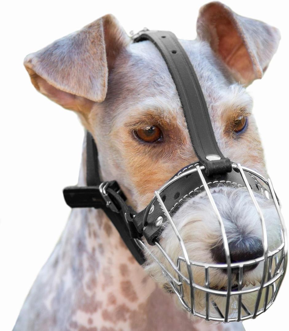PetriStor 3 Dog Chrome Metal Muzzles Wire Basket Adjustable Leather Straps Circumference is 7.8-9.4 in, Length is 3.3-3.5 in