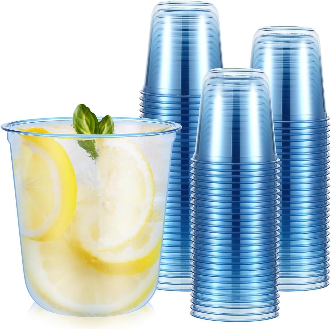 Ziliny 50 Pcs Disposable Stemless Glasses 12oz Crystal Plastic Wine Glasses Clear Classic Pet Cup for Meeting Weddings Birthdays Cocktail Christmas Party Supplies (Light Blue)