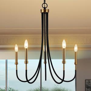 5 Light Modern Chandelier Light Fixture, Black and Muted Gold Farmhouse Island Lighting for Kitchen Dining Room, Large Linear Pendant Light 25"x25"x28"