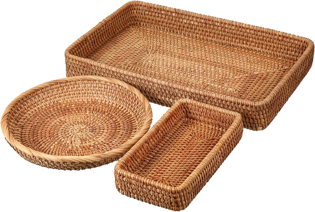 3PCS Rattan Serving Tray,14inch Woven Tray8inch Imitation Rattan Basket Wovens Basket Reusable Bread Baskets Wicker Trays Decorative Woven Trays for Decor Wicker Fruit Baskets for Breakfast, Snack