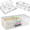 UTTH-DTTK Clear Cotton Ball and Swab Holder 3 Divided Compartments with Lid, , Waterproof Bathroom Organizers Small Plastic Storage Containers, Vanity Makeup Organization (A)