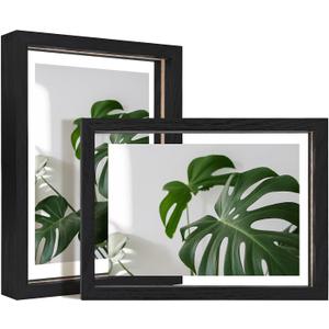 Egofine 5x7 Floating Frames Set of 2, Double Plexiglass Picture Frame, Made of Solid Wood Display Any Size Photo up to 5x7, Wall Mount or Tabletop Standing, Black with Texture