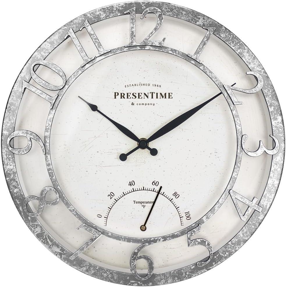 Presentime & Co 13" Farmhouse Outdoor Wall Clock w/Outdoor Thermometer, Farmhouse Style, Raised 3D Arabic Numerals, Faux Galvanized Finish (Wall Clock for Patio, Cottage, Poolside, Garden Spaces)