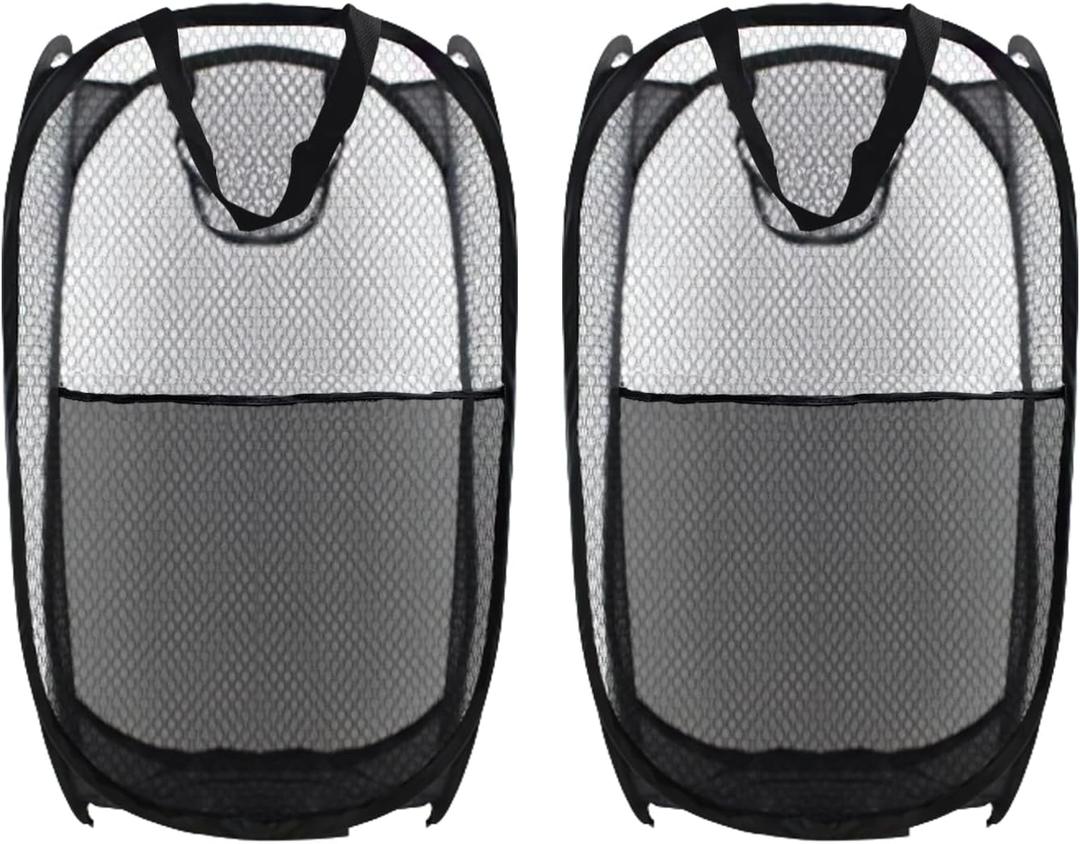 Collapsible Pop Up Laundry Hamper, Extra Large Mesh Foldable Laundry Basket Bag, 28" x 16" x 16", 2 Pack (Black)