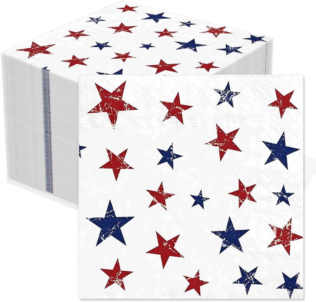 100 Pcs Patriotic Napkins 6.5 Inch 4th of July Paper Napkins Disposable Beverage Napkins Red White Blue Star Napkins for Independence Day Memorial Day Veterans Day Party Supplies
