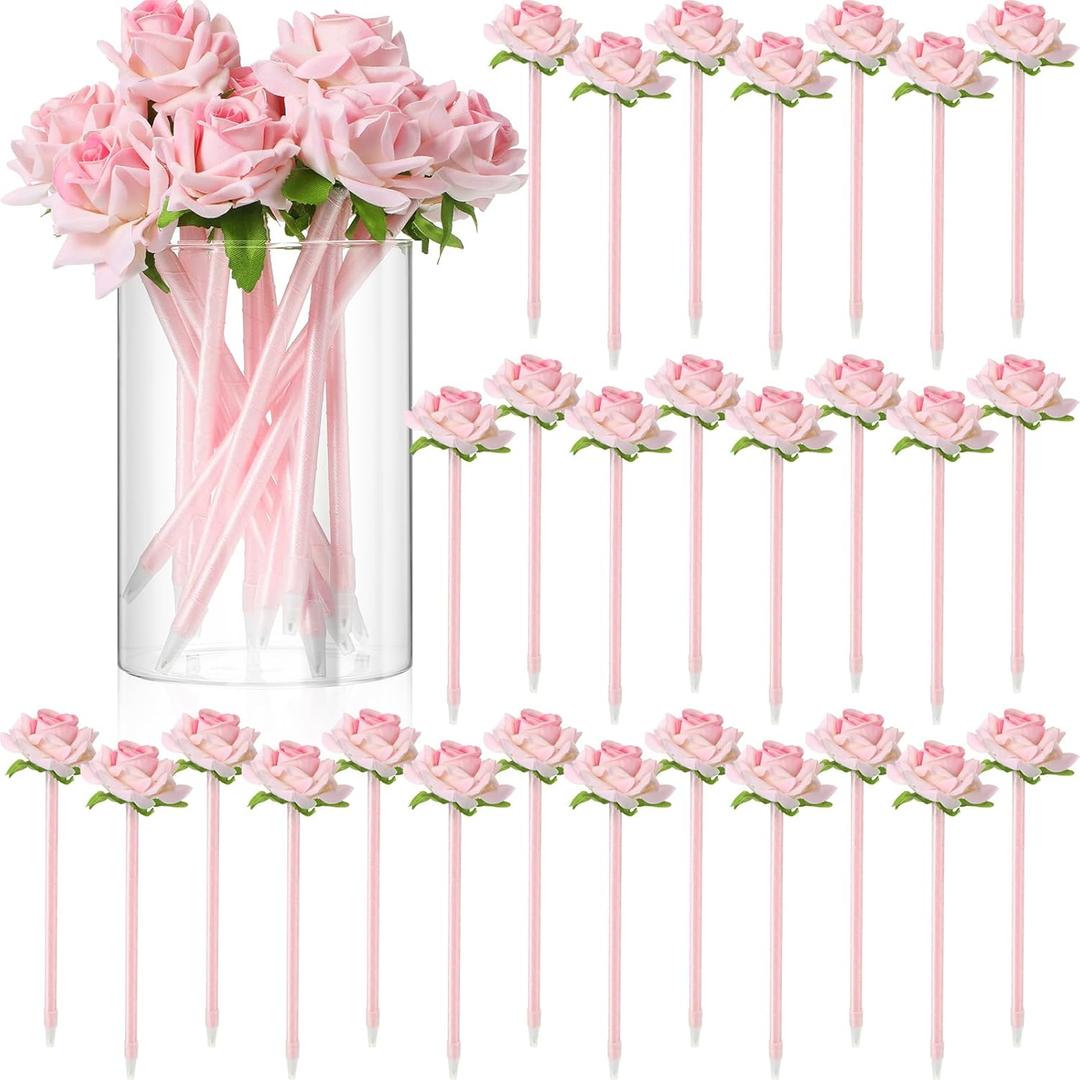28 Pcs Valentine's Day Flower Rose Pens Valentine Gifts Artificial Floral 0.5mm Black Ink Gel Pen for Valentines Gifts Wedding Mother's Day Home Office Supplies(Pink)