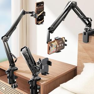 LISEN Gooseneck Phone Holder for Desk Bed [3rd Upgrade] Cell Phone Stand for Desk,Recording for iPhone Holder Fit iPhone 17 16 Filming Camera Laying Down,Bed Accessories Flexible Arm Clamp Clip Stand (Black)