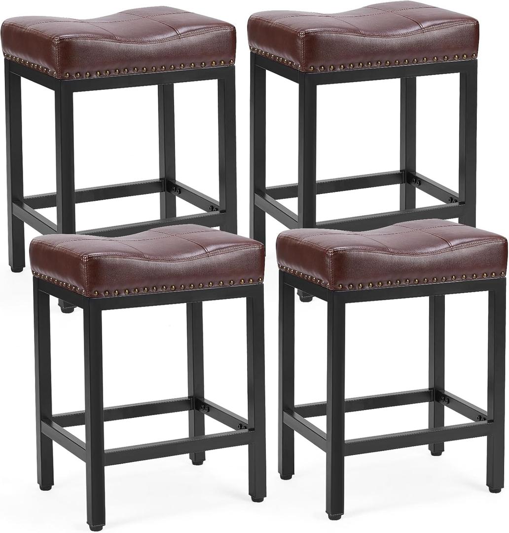 DUMOS Saddle Bar Stools Set of 4, 24 Inch Counter Height Stools with Curved PU Leather Surface, 3.7" Thick Upholstery Bar Height Stools with Footrest for Kitchen Island, Dining, Cafe, Modern Brown