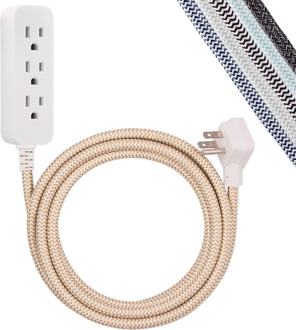 Cordinate 3 Outlet Power Strip Surge Protector Indoor Outdoor Extension Cord 16 Gauge 245 Joules 10 Ft 3 Prong Braided Extension Cords Flat Extension Cord Heavy Duty ETL-Listed Brown 37916