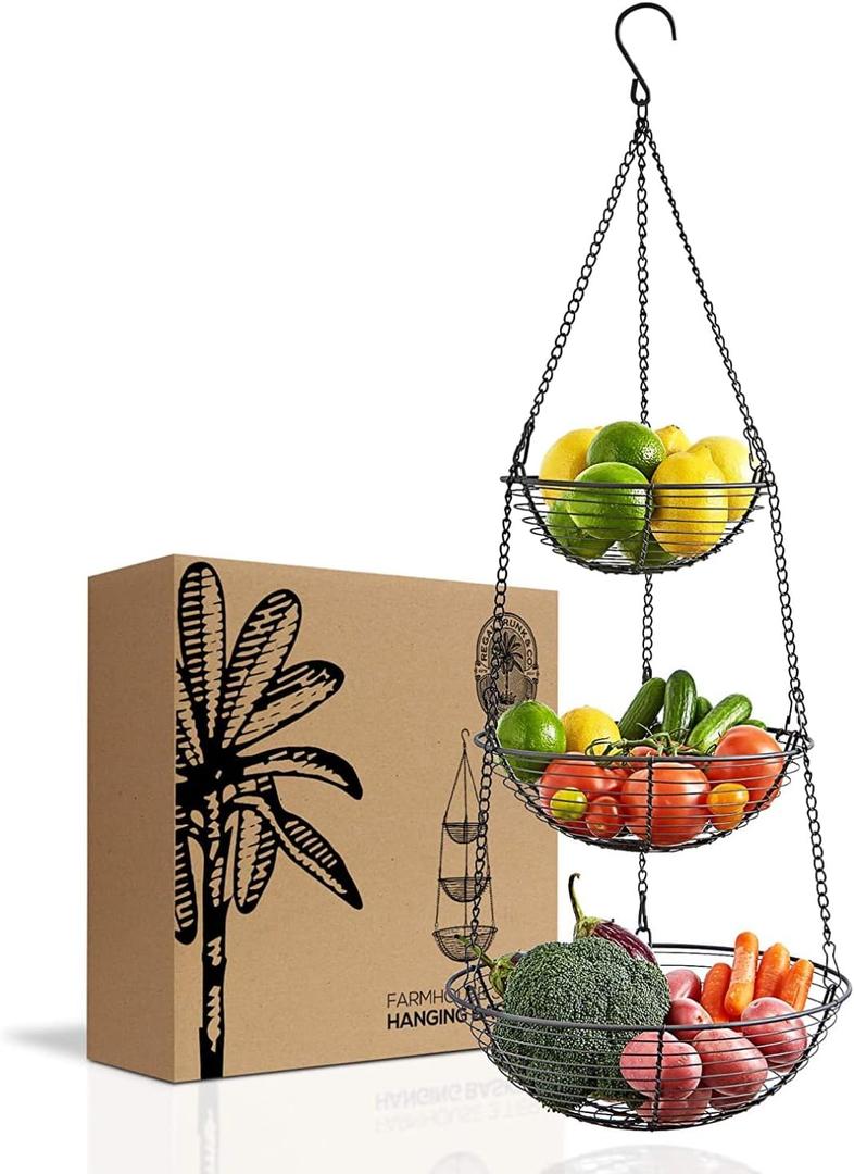 3 Tier Hanging Fruit Basket Regal Trunk & Co., Farmhouse Wire Basket, Three Tier Fruit Basket for Kitchen for Vegetables, Bread & More, Metal Chain, Hanging Hook and Detachable Round Wire Baskets