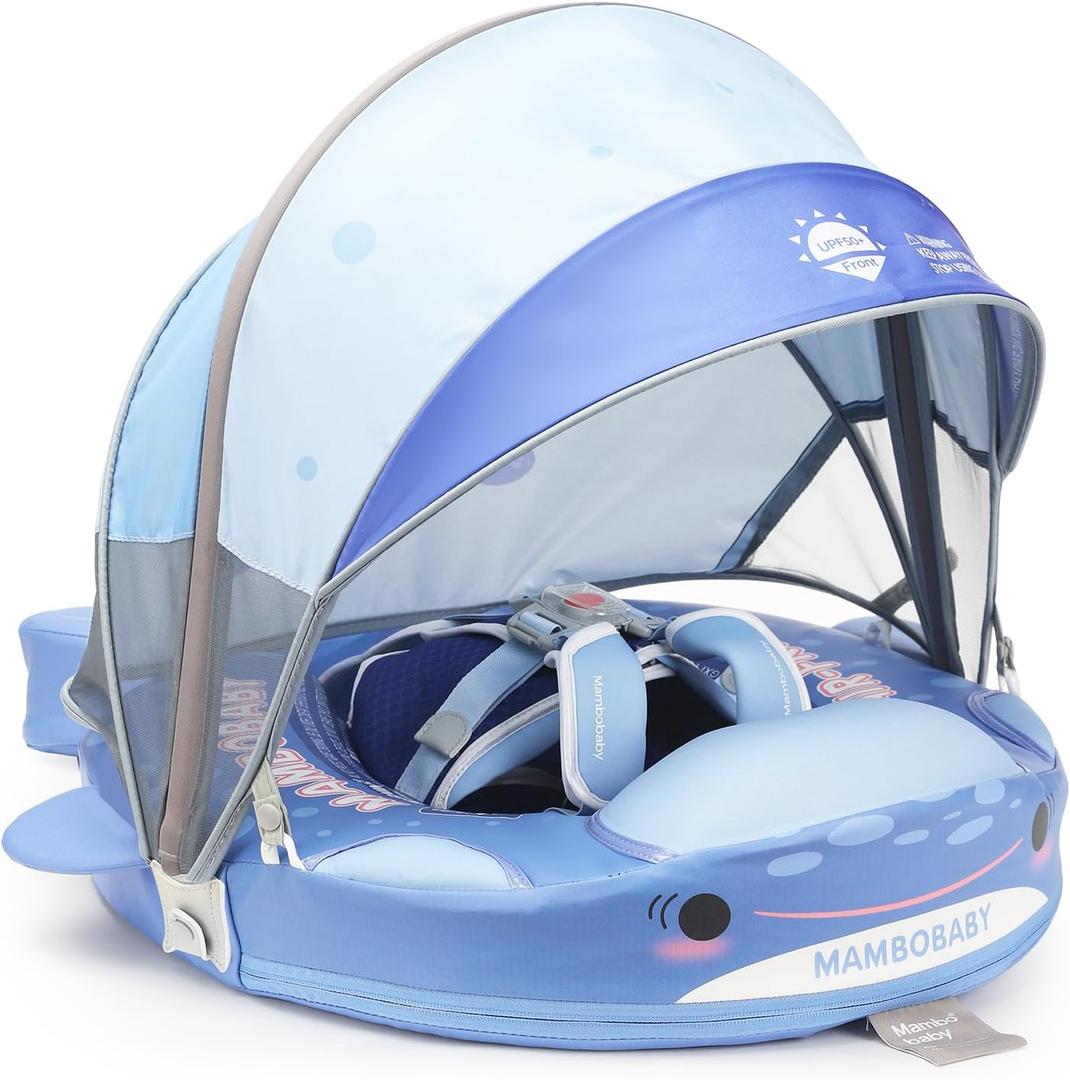 Mambobaby Baby Float with Canopy & Tail Non-Inflatable Baby Swim Float Upgrade Soft Infant Pool Float Sun Protection Newborn Pool Float 3-24 Months Skin-Friendly Material for Toddler Boys Girls (SHARK BLUE)