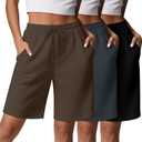 3 Pack Women's Bermuda Shorts High Waisted Knee Length Shorts with 3 Pockets Drawstring Casual Athletic SweatShorts (Black, Dark Gray, Brown)