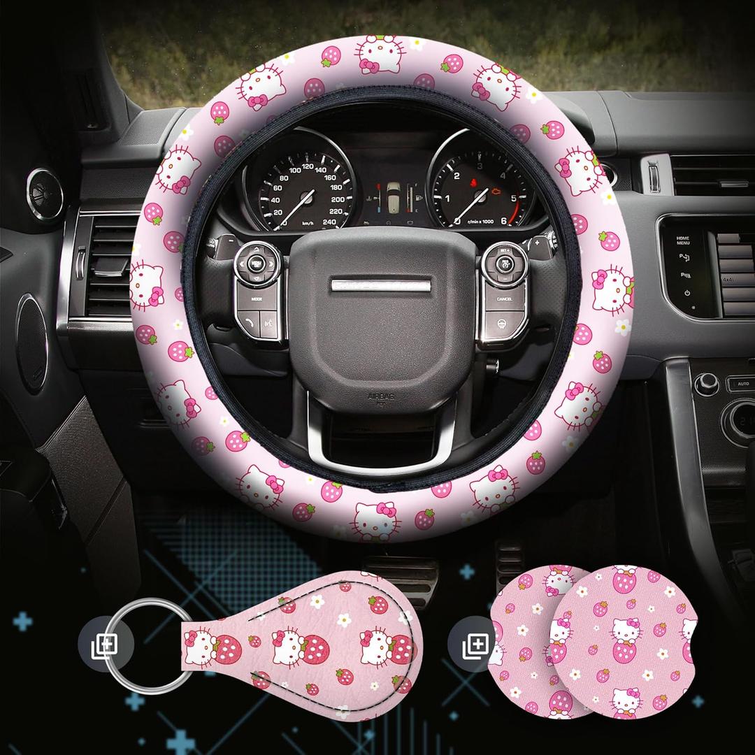 Kitty Accessories Car, Strawberry Pink Hello Cat Wheel Cover, Y2K Car Accessories, Girly Steering Wheel Cover, Universal Fit 14.5-15 inch Auto SUV Vans Trucks, Anti-Slip and Sweat Absorption