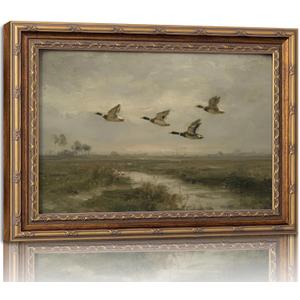 Vintage Gold Framed Flying Duck Wall Art Mallard Duck Canvas Wall Decor Rustic Mallard Poster Artwork Retro Rustic Farmhouse Animal Picture for Home Living Bedroom Farmhouse Hallway 9x11in