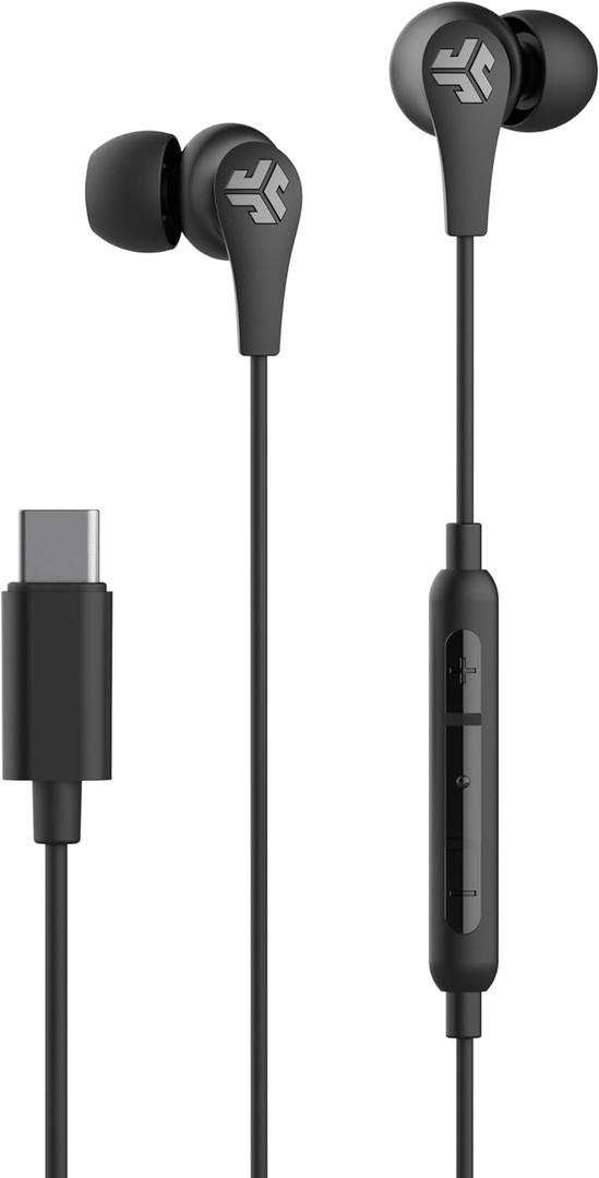 JLab JBuds Pro Signature Wired Earbuds, USB-C Connection, Music Controls, Universal Mic, Custom Fit with Cush Fins, Black