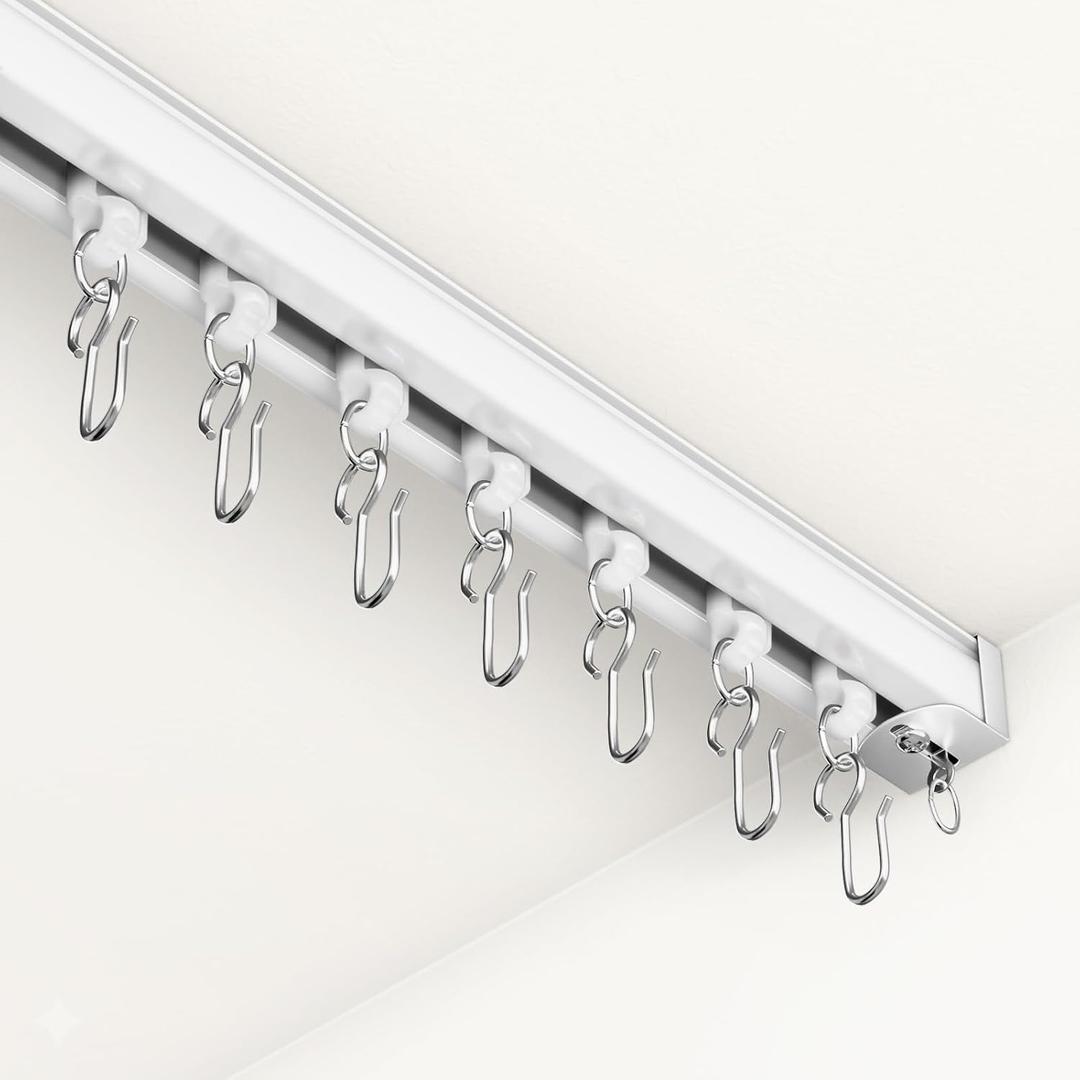 Ceiling Curtain Track System with Wall Mount, Silent Curtain Rail for Room Divider with Three Types of Hooks, 9ft - 12ft, White