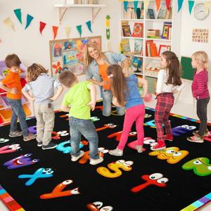 6'7''x8'7'' ABC Black Classroom Rug, Daycare Rugs for Classroom, Large Classroom Rugs Elementary, Preschool Rugs for Children, Kindergarten Educational Rug for Classroom