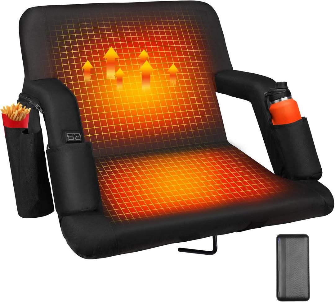 Heated Stadium Seats for Bleachers with Back Support with 5V 20000mAh Battery and Wide 20"/25" Dual-Sided Heated Bleacher Seat 6 Reclinng Positions Heat Heated Stadium Chair USB 3 Levels of