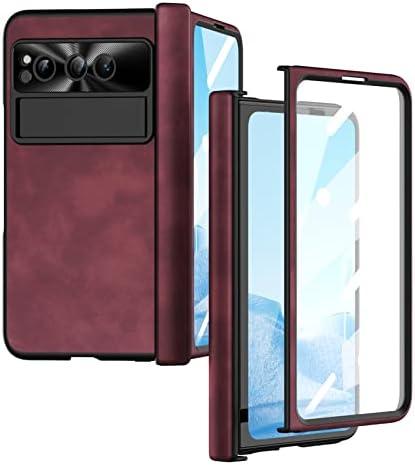 GOUHGKH Pixel Fold Case, Leather Magnetic Hinge Protection Cover Built-in Screen Protector, Compatible with Google Pixel Fold 2023 (Red)