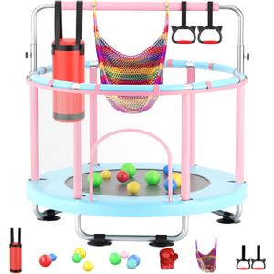 55" Toddler Mini Trampoline for Kids, Indoor Outdoor Toys with Swing, 440lbs Baby Kids Trampoline, Gymnastics Bar, Birthday Gifts for Boy Girl Age 1-8 (Pink-Bule)