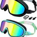 Rantizon Swim Goggles 2 Pack, Wide View Anti Fog&UV Swimming Goggles for Adult, No Leaking Swim Glasses for Men, Women Kids (Green & Gold Plated)