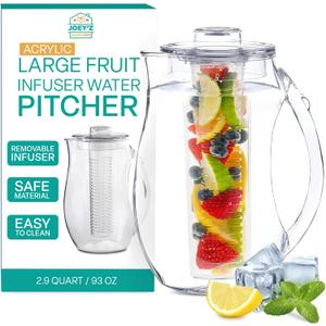 Large Fruit Infuser Water Pitcher (2.9 Quart / 93 Oz)  Shatterproof Acrylic Infusion Jug for Iced Tea, Juice, Beverages, Water, Lemon, Fruit & Herbs  BPA Free