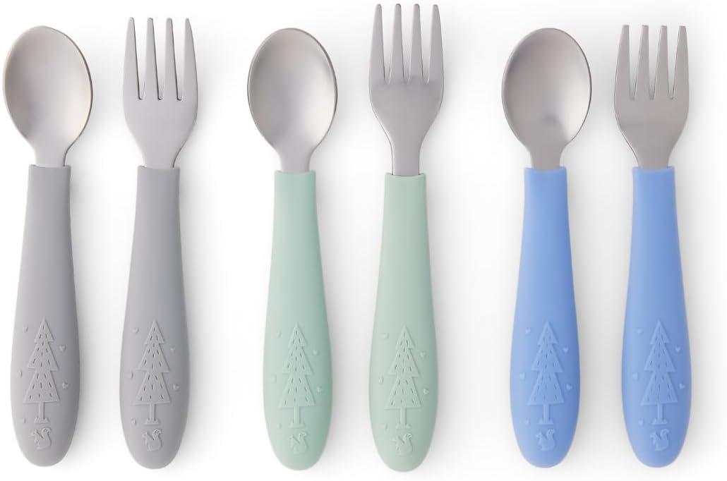 Elk and Friends Kids Silverware with Silicone Handle | Childrens Safe Flatware | Toddler Utensils | Baby Spoons + Forks | Stainless Steel Cutlery (Sage/MistyBlue/Gray)
