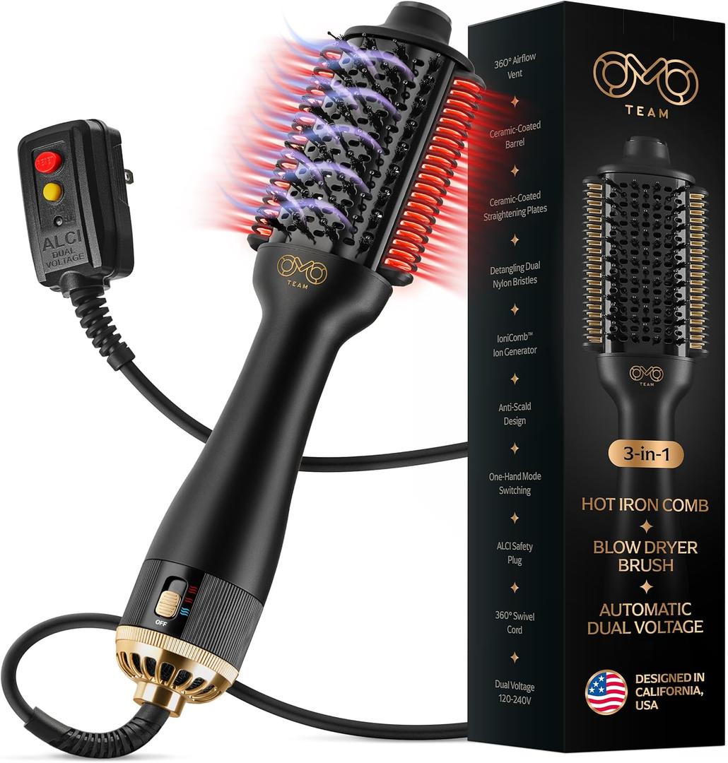 Blowout Brush Hair Dryer, 4-in-1 Blow Drying Brush, Authomatic Dual Voltage, Ionic Hair Straightener w/No Heat Damage, Light 1.3 lb Blowout Tool, Blow Dryer Curling Wand, Hot Air Styler for All Types