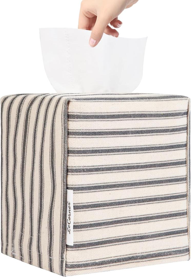 Tissue Box Cover, Fabric Tissue Box Holder Square, Stylish Toilet Paper Storage, Modern Bathroom Counter Organizer Decorations Accessories,Ticking Stripe 5''x5''x5'' (Pastel Grey)