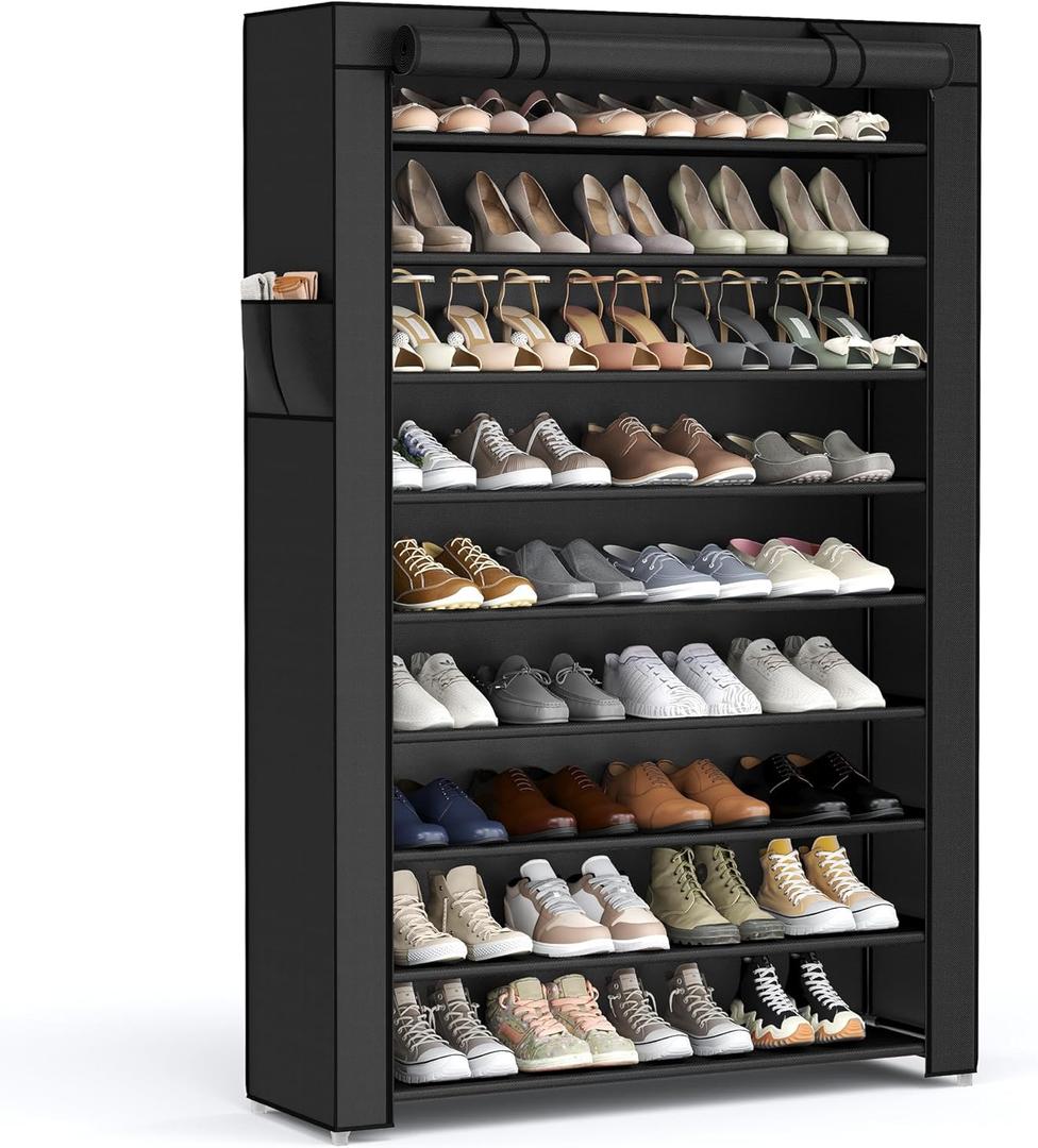 SONGMICS 10-Tier Shoe Rack, Shoe Storage Cabinet with Dustproof Cover, Free-Standing Shoe Storage Organizer for Closet, Entryway, Hold 40-50 Pairs of Shoes, for Sneakers, High Heels, Black URXJ36HV1