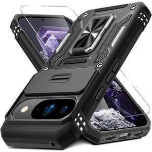 DEERLAMN Case for Google Pixel 10/10 Pro with Slide Camera Cover+Screen Protector(1 Pack), Rotated Ring Kickstand Military Grade Shockproof Protective Cover-Black
