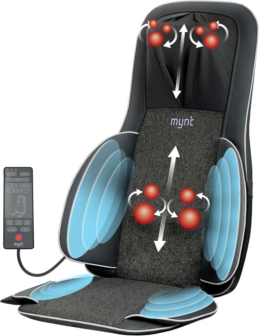 Mynt FSA HSA Eligible 3D Shiatsu Neck and Back Massager for Chair with 10 Deep Kneading Nodes, Adjustable Black Back and Neck Massager with Heat, Portable Spot Massage Chair Pad with Compression