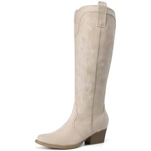 DREAM PAIRS Womens Cowboy Knee High Boots Comfortable Pull On Side Zipper Chunky Heel Embroidered Western Cowgirl Boots Retro Tall Boot 8