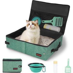 Portable Cat Travel Litter Box. Zipped Lid, Collapsible Litter Box for Cats. No Leakage, No Smell. Easy to Carry. Used for Hotels, Camping, Car (Green,L)