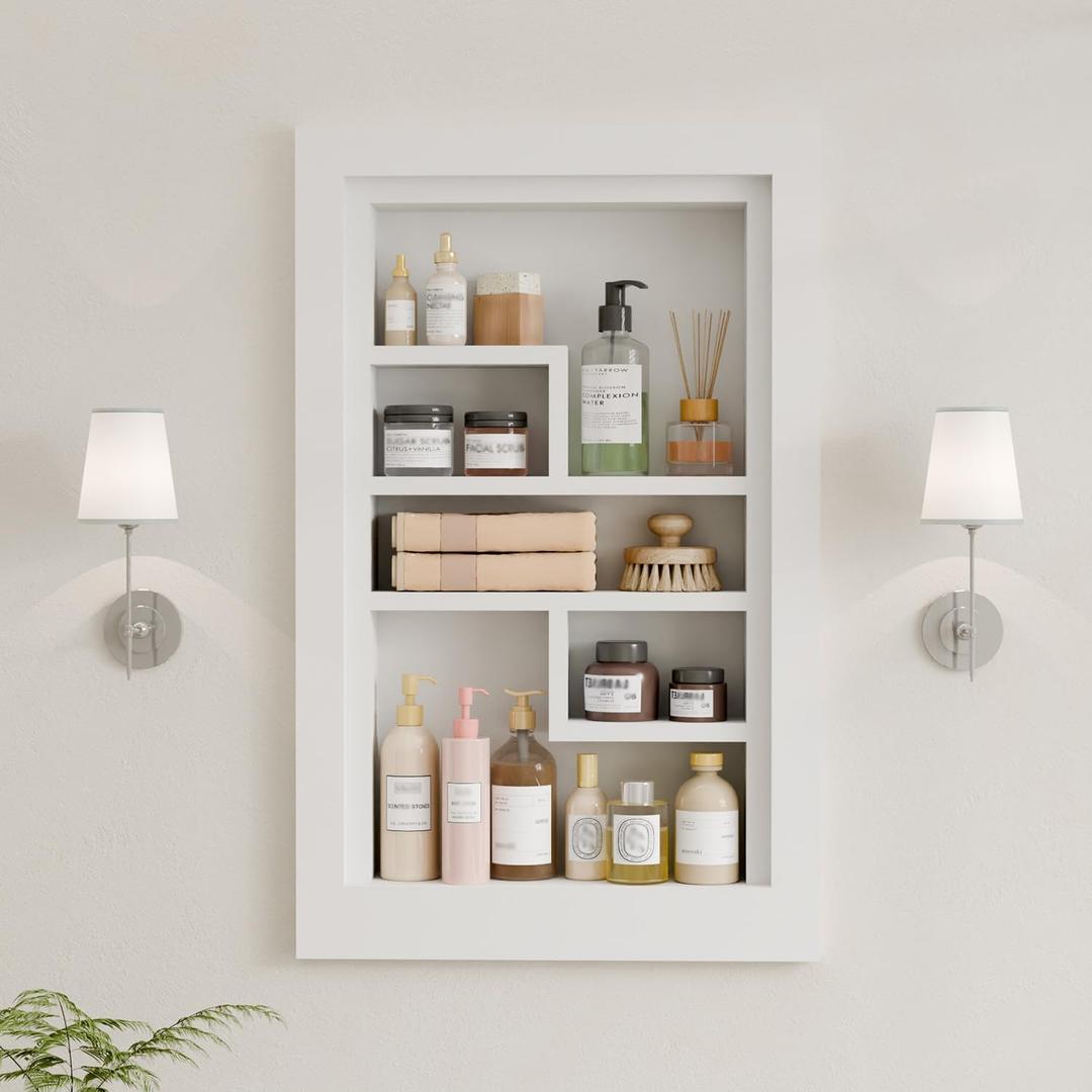 Solid Wood 14 X 24 Recessed Medicine Cabinet,3-Tier, Medicine Cabinet Organizer,Wall Niche, Bathroom Wall Cabinet, Recessed Bathroom Cabinet, Bathroom Cabinet with Storage White