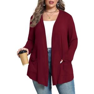 Women's Plus Size Lightweight Long Sleeve Casual Soft Open Front Cardigan 2026 Summer Cover ups with Pockets (Red, XXXL)