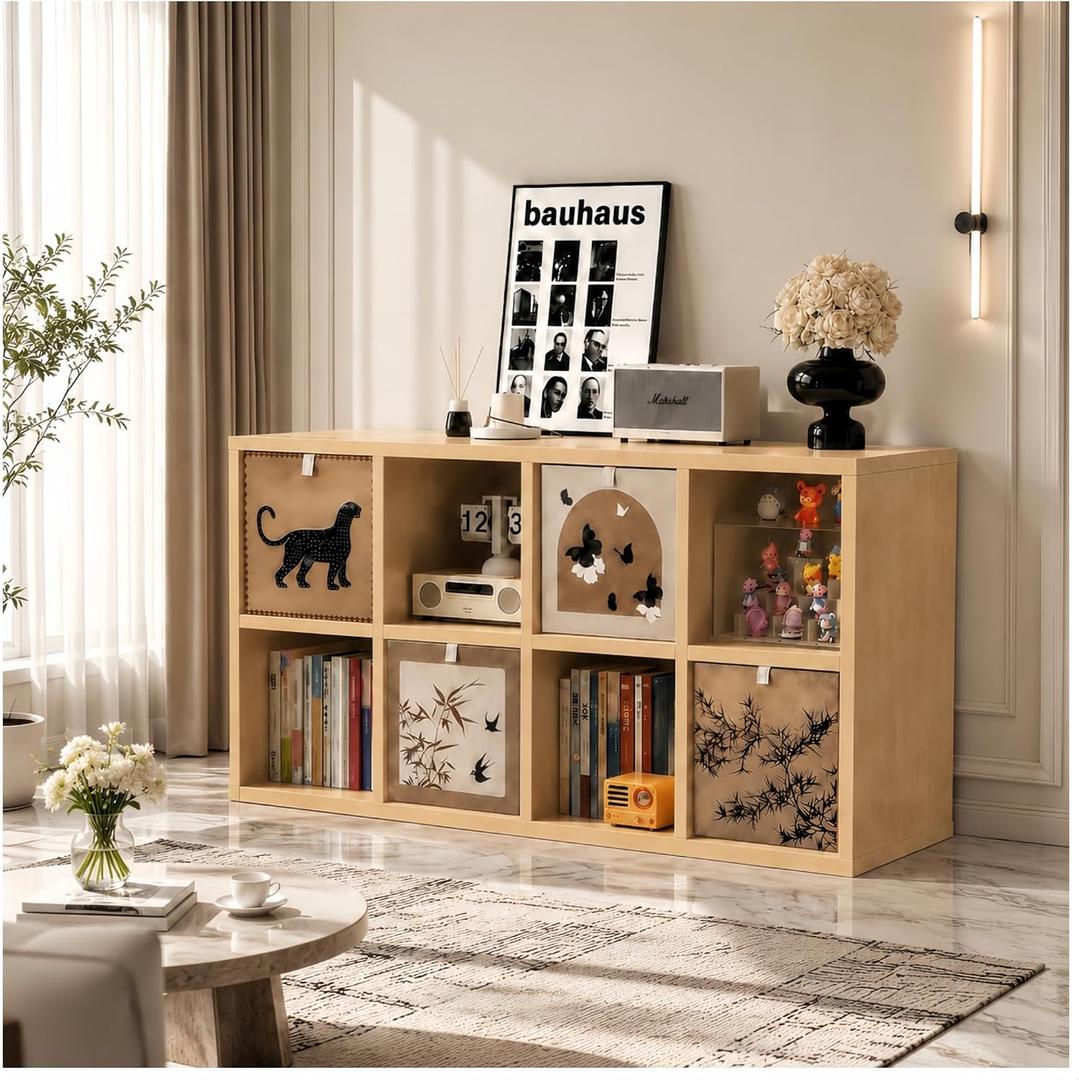 real Solid Wood 8 Cube Storage Organizer Shelf with 4 Bins,Low Bookcase, 47.3″ x11.8″ x29.6″(H）