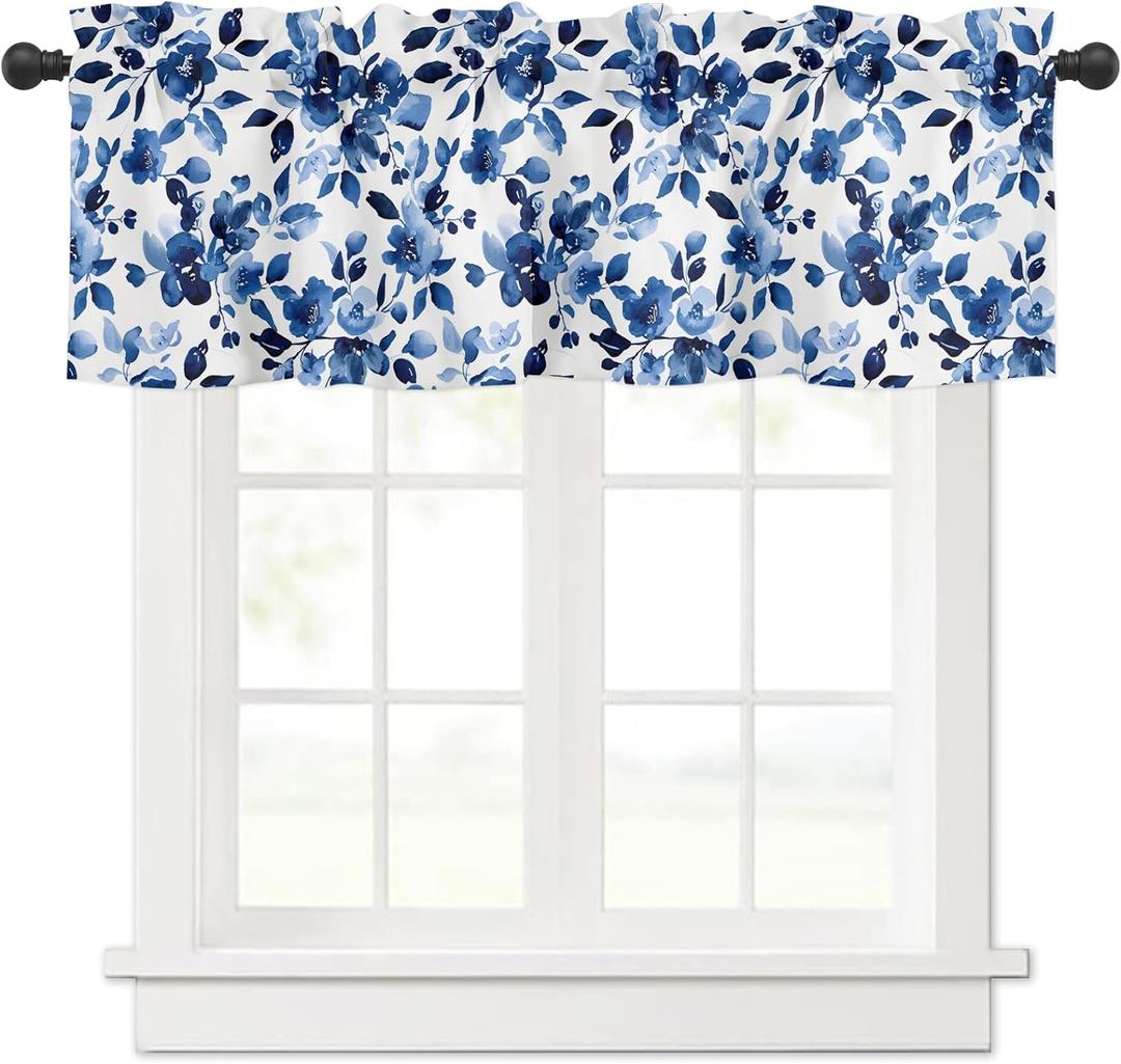 Identiy Valance Curtains for Windows,Watercolor Blue Flowers Semi Sheer Curtain Valance,Short Rod Pocket Window Treatment,Window Valance Curtains for Kitchen Living Room Bedroom Windows 54"x18"