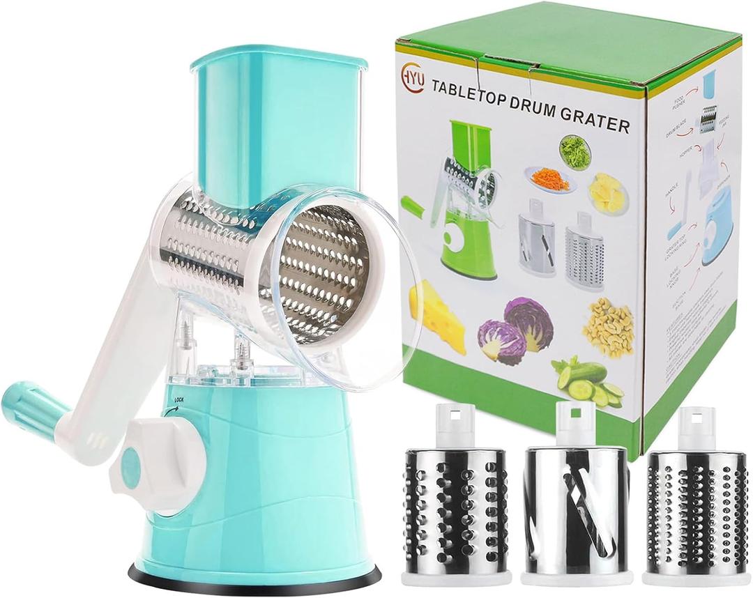 3rd Generation Rotary Cheese Grater, Mandoline Vegetable Slicer with 3 Replacement Blades, Easy to Clean Rotary Shredder for Fruit, Vegetables