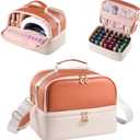 Nail Polish Organizer Holds 35 Bottles & Nail Lamp, Nail Organizers and Storage, Double Layer Nail Bag with Handle & Shoulder Strap for Travel, Nail Supplies Organizer for Manicure Kit (Brown+Beige)