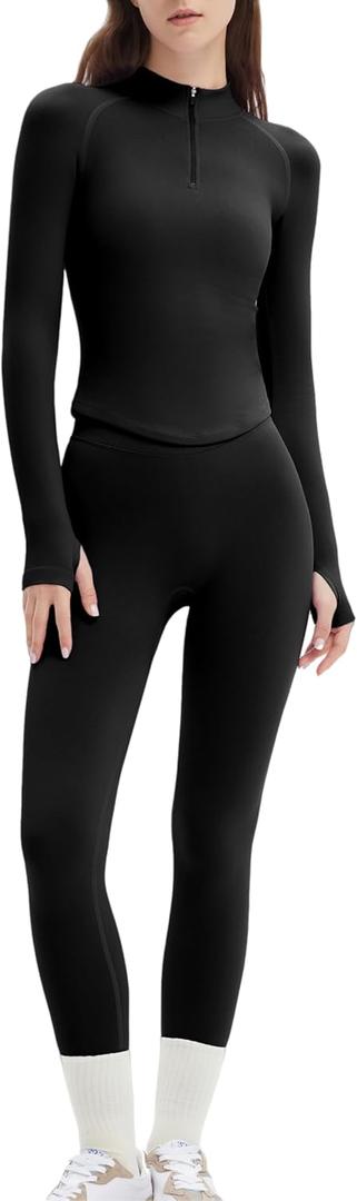 SUUKSESS Workout Sets for Women 2 Piece Seamless Long Sleeve Yoga Outfits Active Leggings Half Zippy Jacket Gym Set (Small, Black)
