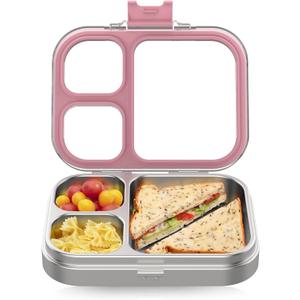 Stainless Steel Lunch Box, 3 Compartments Metal Bento Box for Kids Adults, Leak-Proof Lunch Box for School Office, Dishwasher Safe, BPA-Free, Tritan Lid, Pink