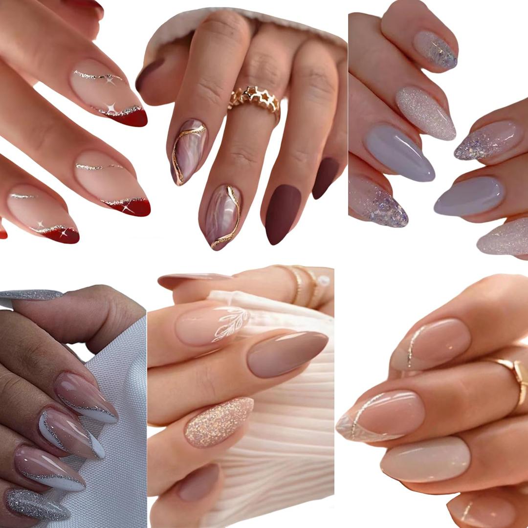 6 Packs (144 Pcs) French Tip Press on Nails Medium Almond Fake Nails with Glitter Design Full Cover False Nails Press ons Glossy Reusable Glue on Nails Artificial Stick Kit on Nails for Women